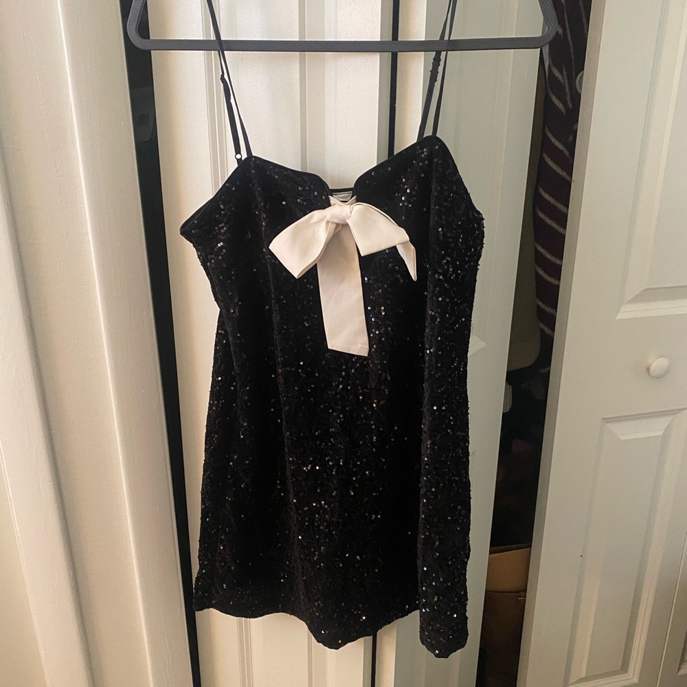 H&M Black Sequin Mini Dress with Cream Bow